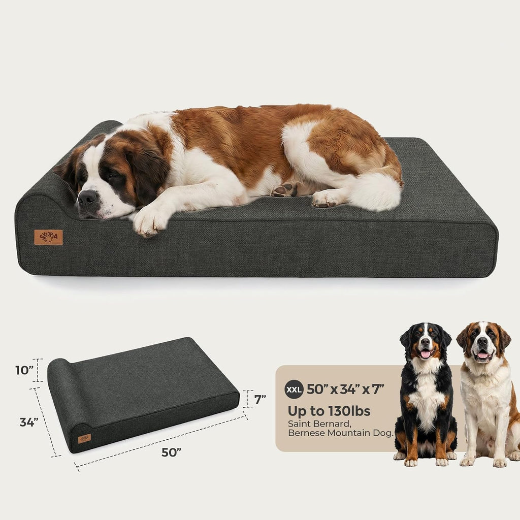 Sytopia 7" Thick Orthopedic Dog Beds for Extra Large Dogs (50" x 34" x 7"), Chew Proof Fabric Cover, 35D Memory Foam Dog Beds with Durable Waterproof Liner & Removable Washable Cover, Black