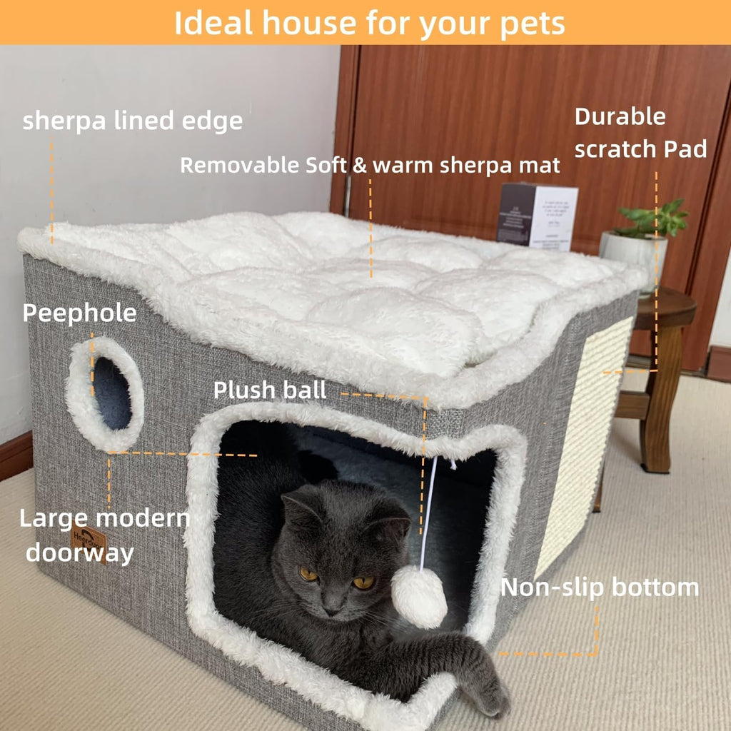 Cat House Bed for Indoor Cats with Fluffy Ball and Scratch Pad,Light Grey