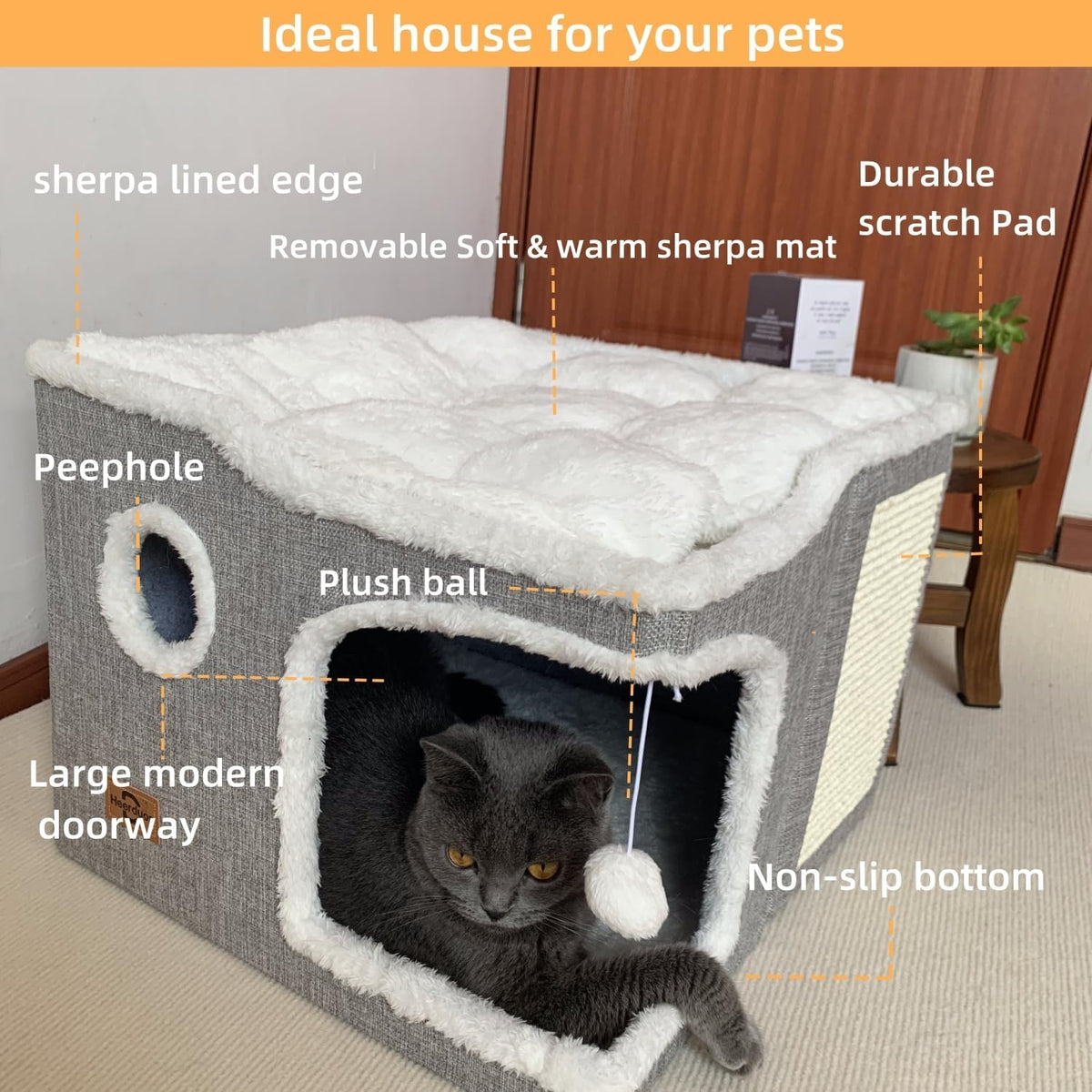 Cat House Bed for Indoor Cats with Fluffy Ball and Scratch Pad,Light Grey
