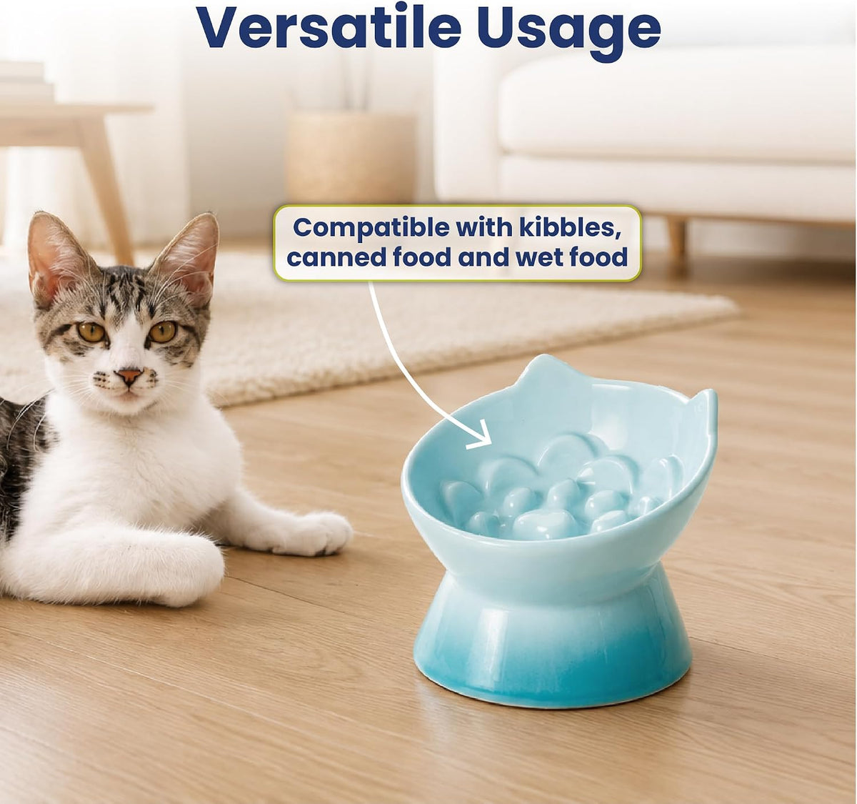 PawsPik Lynx Ceramic Raised Slow Dog & Cat Elevated Food Bowl, Arctic Ombre