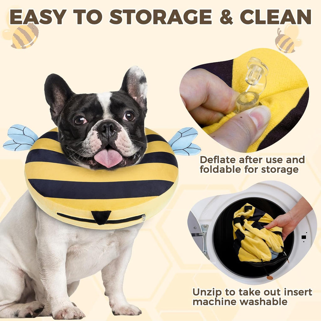 PAWCHIE Inflatable Dog Cone Collar Alternative, Soft Dog Cone for Medium to Large Dogs After Surgery, Adjustable Neck Recovery E-Collars Donut Collar with Cute Bee Shape, Yellow M