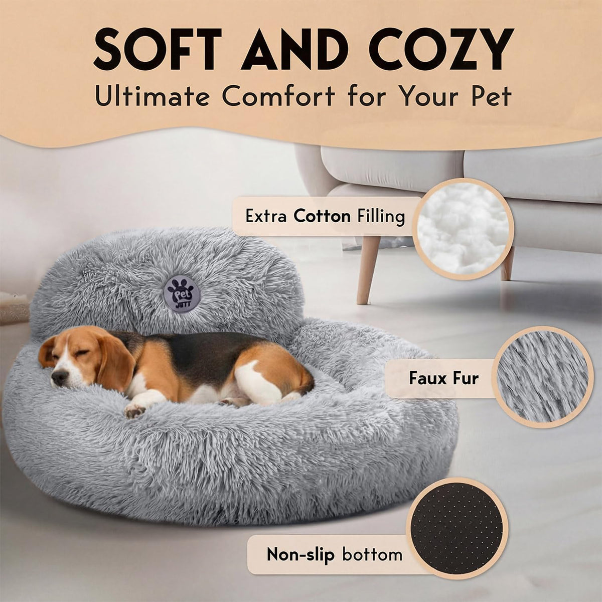 PetJett Calming Dog Bed Medium Size Dog - 30'' Donut Bed, Washable Dog Bed - Anti-Slip Super Soft Fluffy Plush Round Bed, Anti-Anxiety Premium Comfort Pet Bed, Fits Dogs up to 45 lbs - Bright Grey