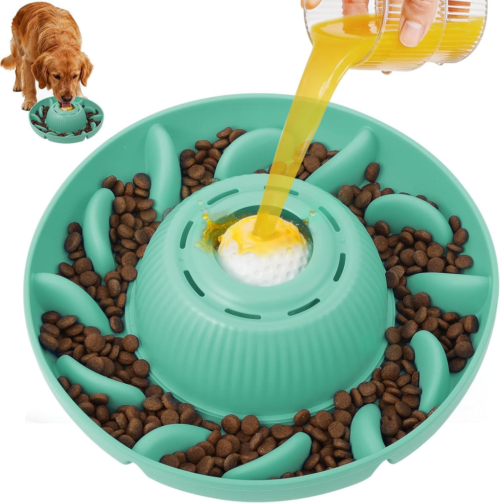 PUPPYGANG 2-in-1 Slow Feeder Dog Bowl & Dog Lick Bowl for Medium Large Dogs, Silicone Puzzle Feeder with Removable Lick Ball, Suction Base Bowl for Kibble, Wet Food, Yogurt & Peanut Butter (Green)