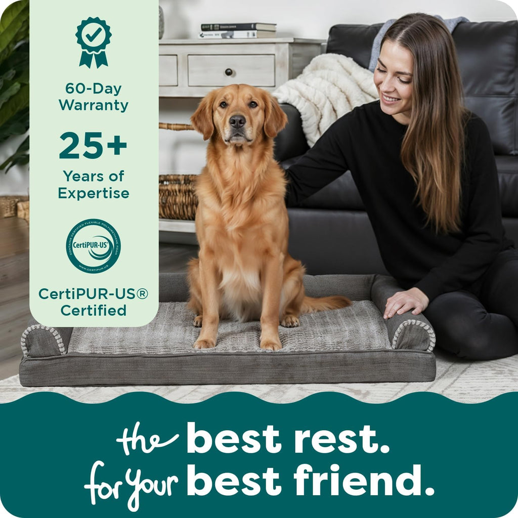 Furhaven Orthopedic Dog Bed for Large/Medium Dogs w/ Removable Bolsters & Washable Cover, For Dogs Up to 55 lbs - Luxe Faux Fur & Performance Linen Sofa - Charcoal, Large