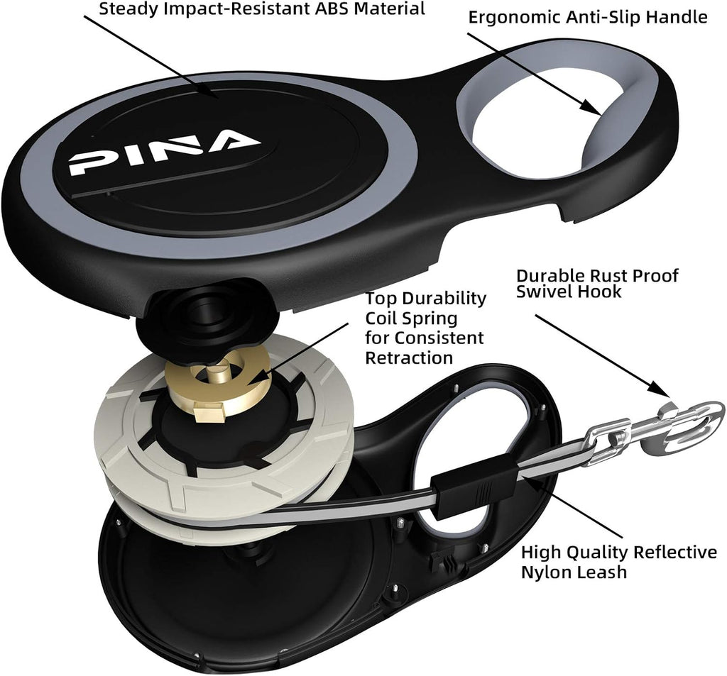 PINA Retractable Dog Leash, 26ft Dog Leash for Small Medium Large Dogs Up to 110lbs, 360° Tangle-Free Strong Reflective Nylon Tape, with Anti-Slip Handle, One-Handed Brake, Lock - Black Gray