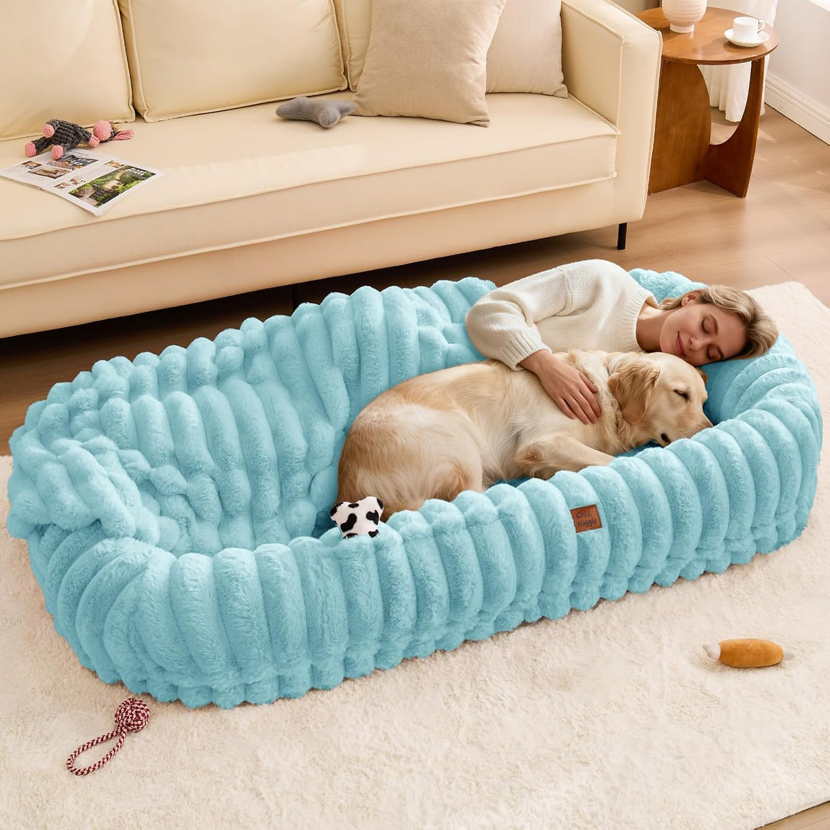 ChiXnuggle Orthopedic Human Dog Bed,Striped Faux Fur Washable Cover,Blanket