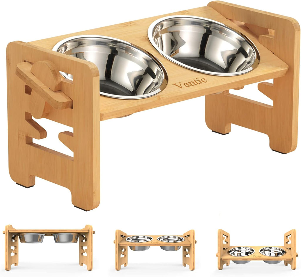 Elevated Dog Bowls, Raised Dog Bowl Stand Adjustable Small, Natural | Bamboo Elevated Feeder with 2 Stainless Steel Bowls, Adjustable Height Stand for Small Puppies and Cats 