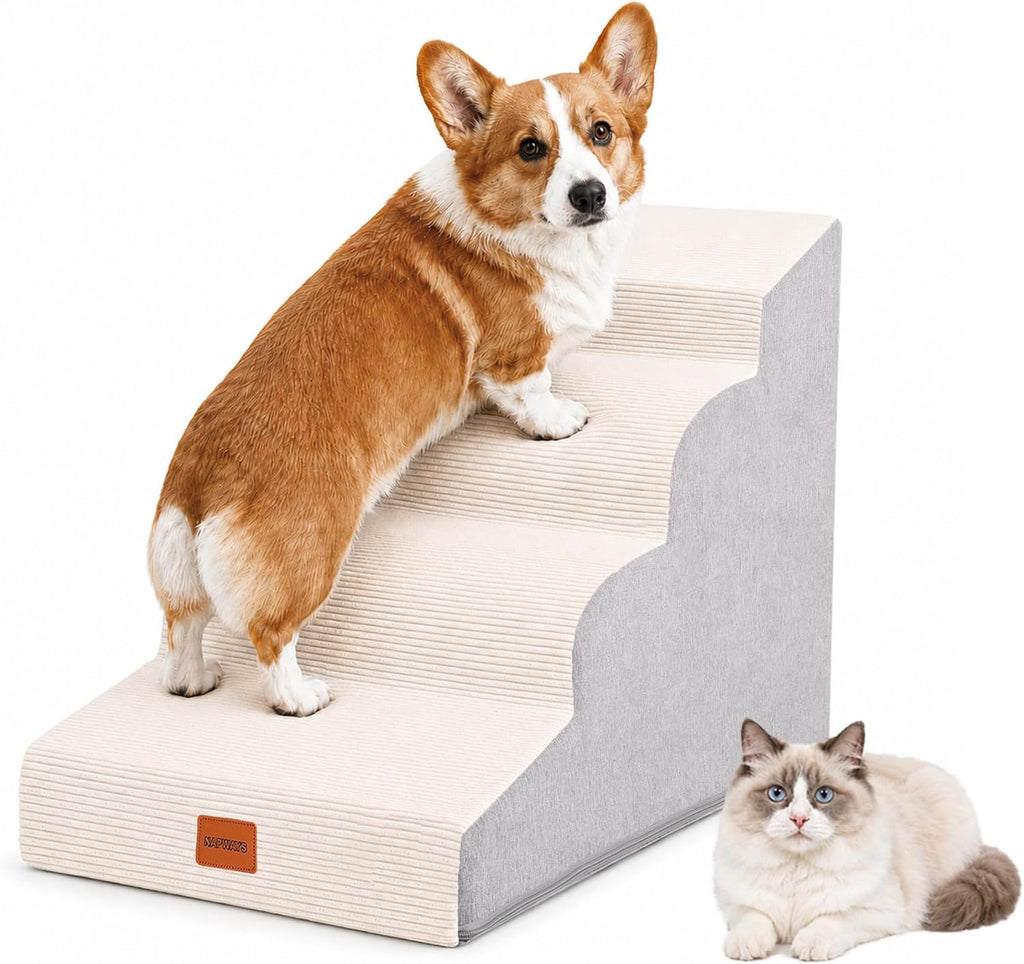 Dog Stairs for Small Dogs,19.7" H,4-Step Curved Pet Ramp for Bed Couch Sofa and Chair,Non-Slip Pet Steps for Injured & Senior Pets with Washable Cover and Durable High Density Foam,Beige
