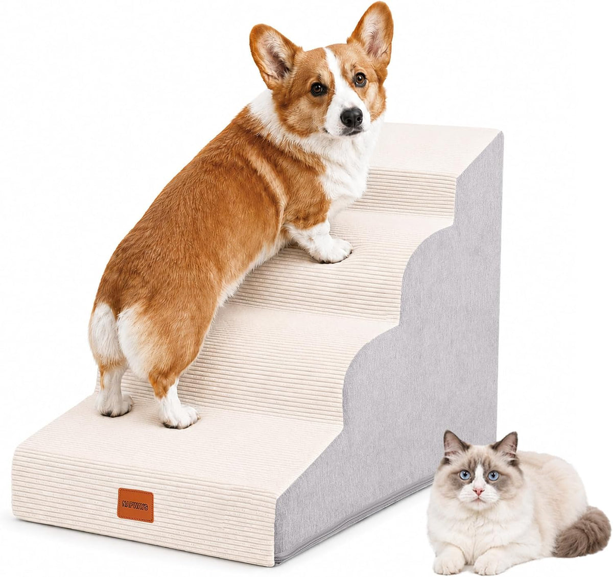 Dog Stairs for Small Dogs,19.7" H,4-Step Curved Pet Ramp for Bed Couch Sofa and Chair,Non-Slip Pet Steps for Injured & Senior Pets with Washable Cover and Durable High Density Foam,Beige