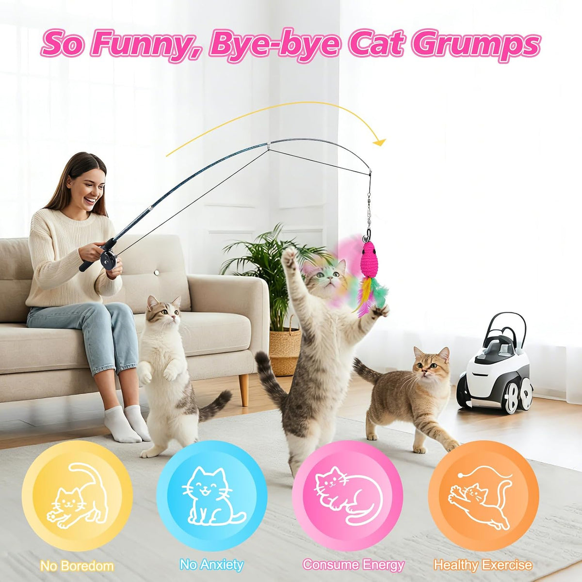 Pawaboo Cat Teaser Wand Toys, Cat Fishing Pole Toy with 3 PCS Feathers