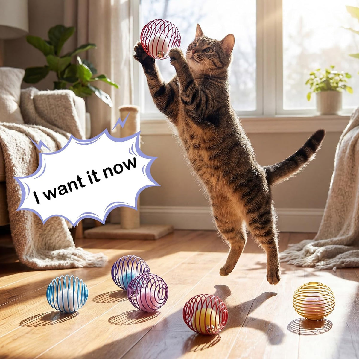 Jecery 5 Pcs Cat Toys Spring,Pom-pom with Bell,Multicolor