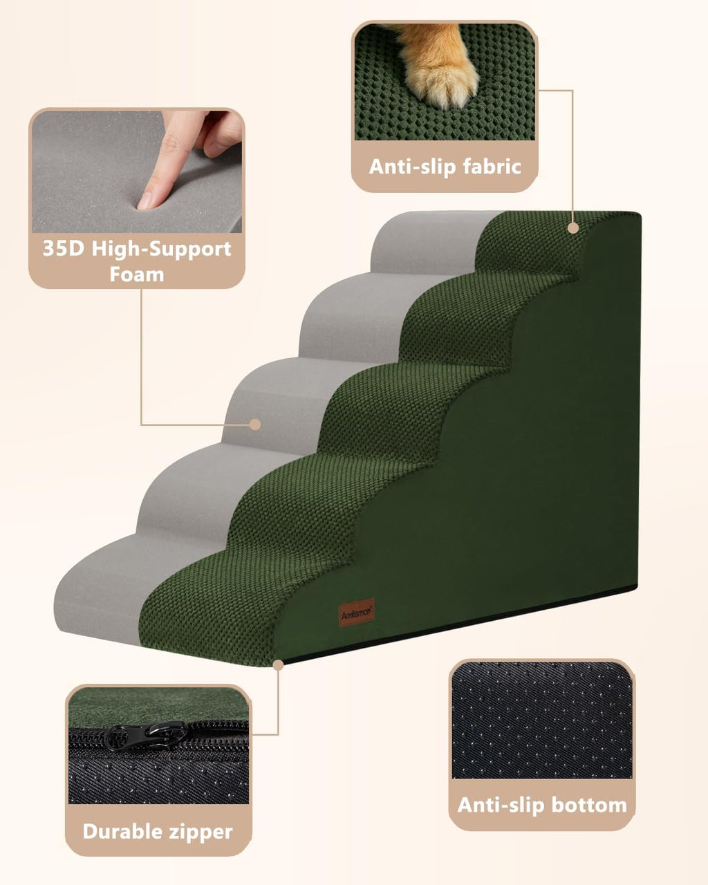 Aodisman Dog Stairs for High Beds,5 Step Pet Ramp for Dogs and Cats,22.4" H