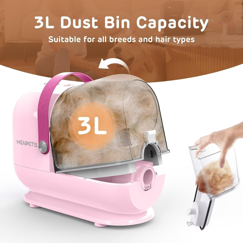 HEAPETS Dog Grooming Vacuum Kit - 3L Vacuum with 7 Tools, Low Noise Electric Clipper and Brush for Pet Shedding at Home, Pink
