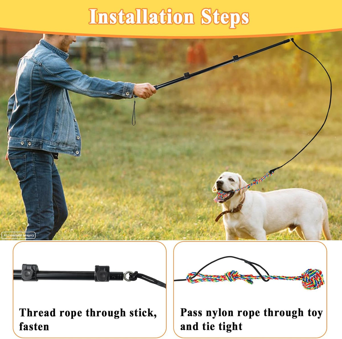 Flirt Pole for Dogs, Heavy Duty Dog Teaser Wand with 3 Replacement Rope | Interactive Tug of War Chase Toy for Small Medium Large Dogs Portable Outdoor Exercise Training Play Equipment