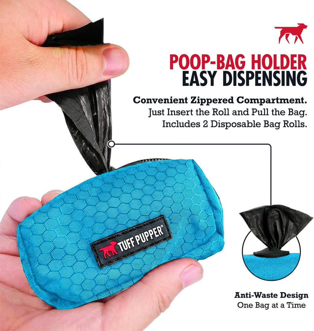 Tuff Pupper Dog Poop Bag Holder | Works with Any Dog Leash | Zippered Waste Bag Dispenser | Waterproof with Rust-Proof Clip | Convenient Lightweight Design | Includes 2 Rolls of Leak-Proof Bags
