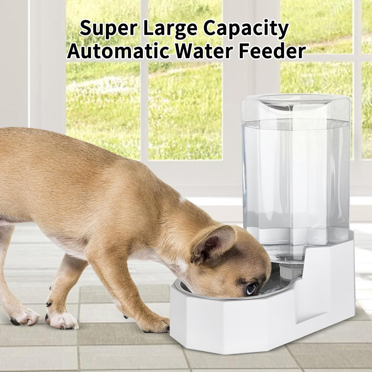 Sfozstra Dog Water Bowl Dispenser: 7L White Gravity Stainless Steel Bowl