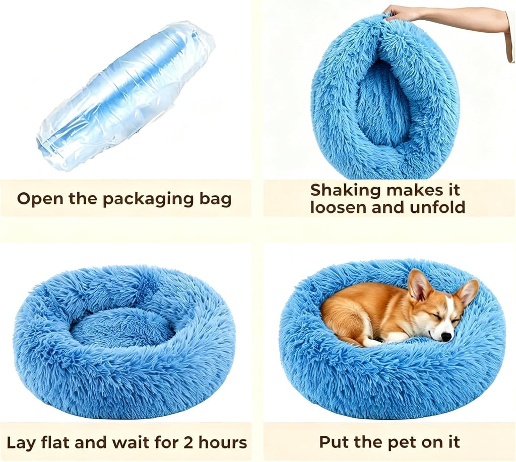 Calming Donut Dog Bed for Small Dogs, Anti-Anxiety Round Washable Plush Fluffy Faux Fur Large Cat Bed, 24 inches Fits up to 25 lbs Pets, Anti-Slip Waterproof Mute Base Blue