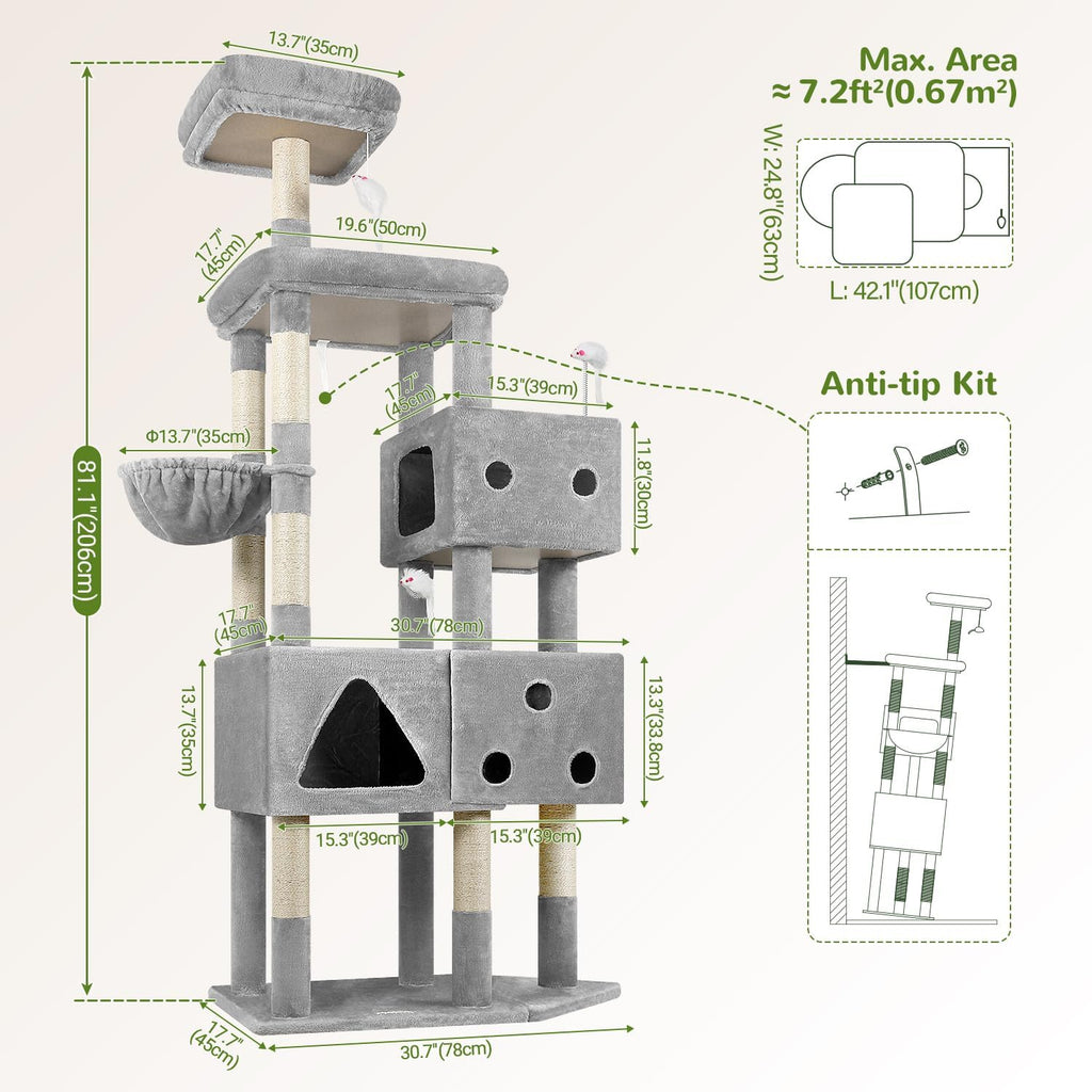 Globlazer Extra Large Cat Tower for Big Cats 20 lbs, 81in, F81, Light Grey