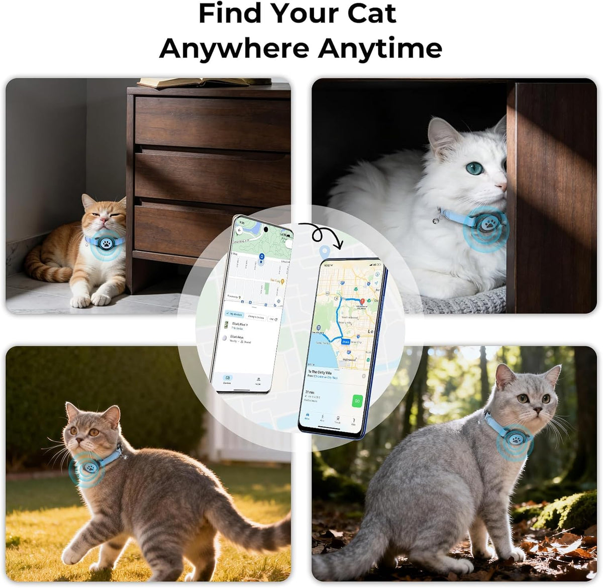 GPS Cat Tracker Collar with Finder Tag, Bluetooth Pet Location Blue 2Pack