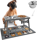 ADENGL Raised Dog Bowl Stand for Large Dogs, 10” Tall Elevated Feeder with Spill-Proof Mat, Stainless Steel 58OZ Bowls for Food & Water, Gray Color (Mat Size: 16x24”)