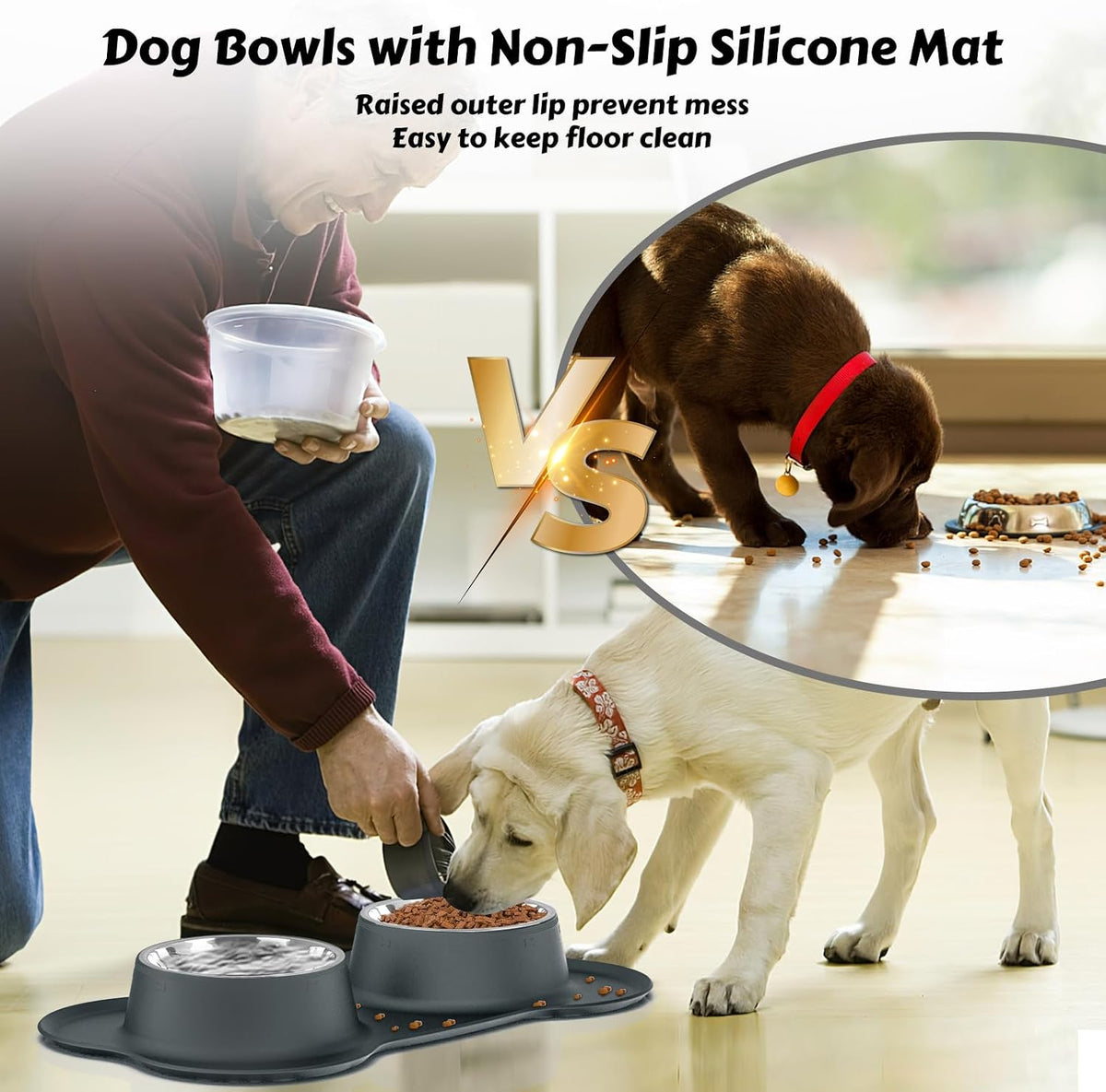 AsFrost Dog Food Bowls Stainless Steel Dog Food & Water Bowl Set with No Spill No Slip Silicone Mat, Dog Dishes for Small Medium Size Dogs Pet Cat Puppy Food Feeding Bowls, Grey, 24oz, 3 Cup 