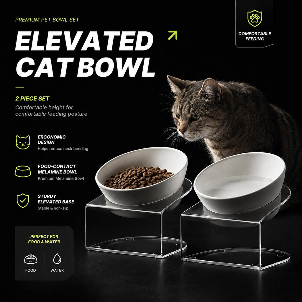 LivLab Mker Elevated Cat Bowls, Tilted Melamine, White, 2 Pack | Two tilted melamine bowls support comfortable feeding for cats, kittens, flat-faced pets, and small dogs; white finish.