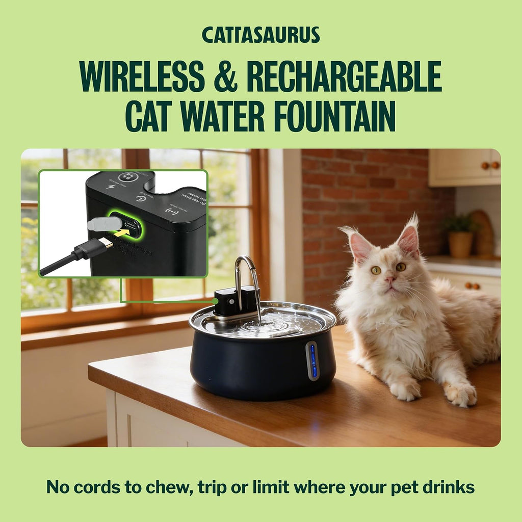 Cattasaurus 135oz Wireless Cat Water Fountain, 304 Stainless Steel Automatic Water Dispenser for Cats, Ultra Quiet, Smart Sensor, 6-Layer Filtration (Blue, Fountain + 6 Filters (6-Week Supply))