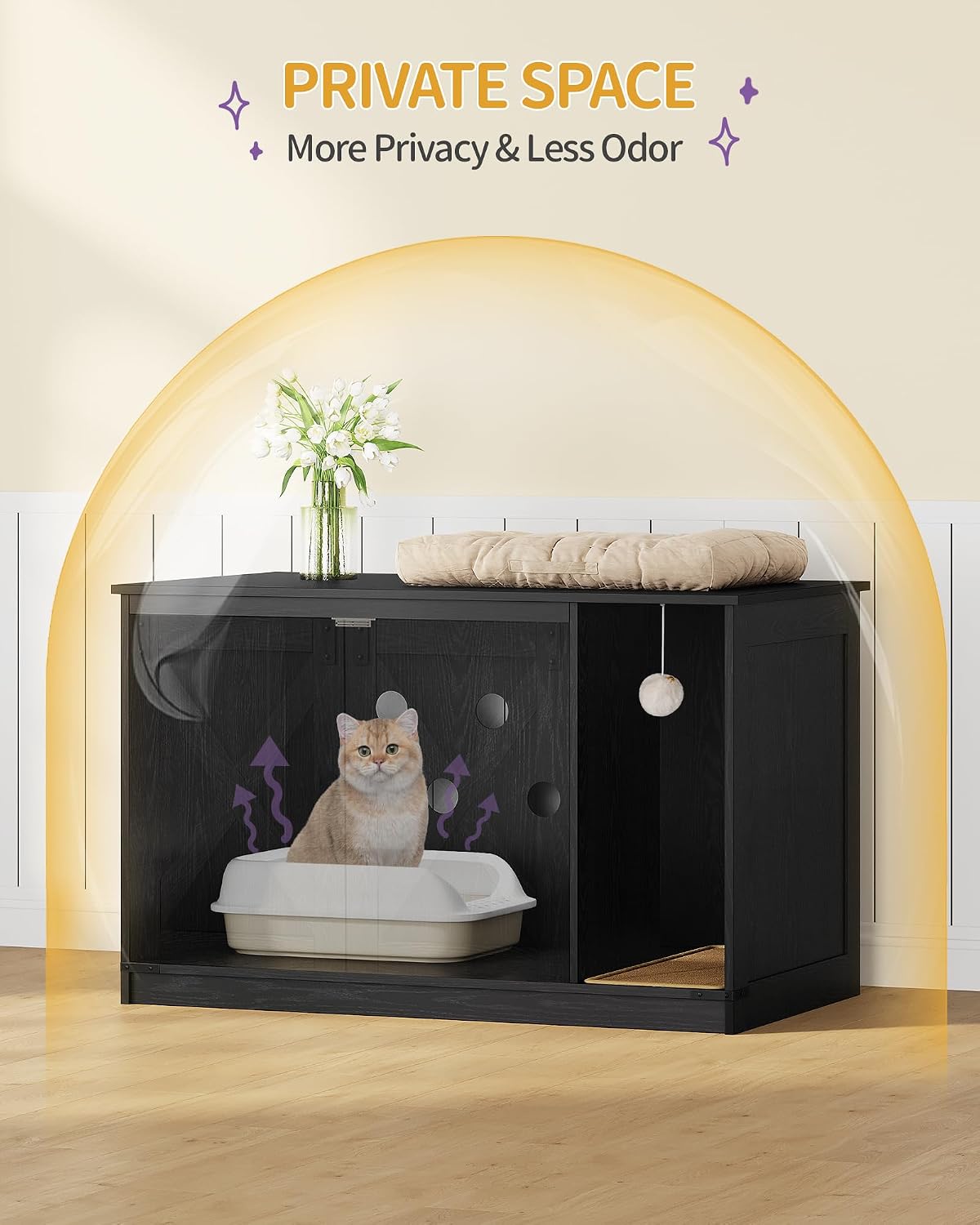 Hzuaneri Cat Litter Box Enclosure, Hidden Litter Box Cabinet Furniture | Indoor Cat House with Bell, Farmhouse Style, 31.5 x 19.7 x 20.9 Inches, for Hallway, Bedroom, Black CB85204X