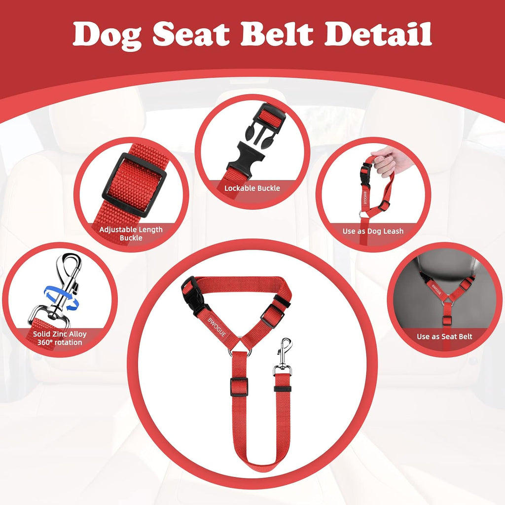 BWOGUE 2 Pack Dog Seat Belt for Car, Headrest Restraint Safety Strap, Red