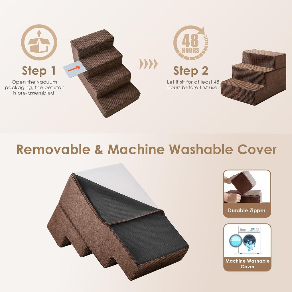 EHEYCIGA Dog Stairs 13.5" H, 3-Step Extra Wide Dog Steps, Brown