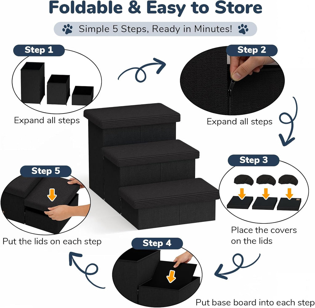 3-Step Wide Dog Stairs 18" H with Removable Cover, Non-Slip Storage Pet Steps for High Bed Couch, Pet Stairs for Small/Medium/Large Old Dogs Puppy Up to 200lbs, Cat Dog Steps for Car, Black