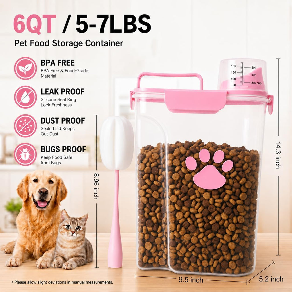 5-7Lbs Airtight Dog Cat Food Storage Container with cleaning brush,Measuring Cup,4 Snap Seals,Portable Pet Food Containers with Upgraded Large Nozzle for Dogs,Cats,Birds,Small Animals(Large-Pink)