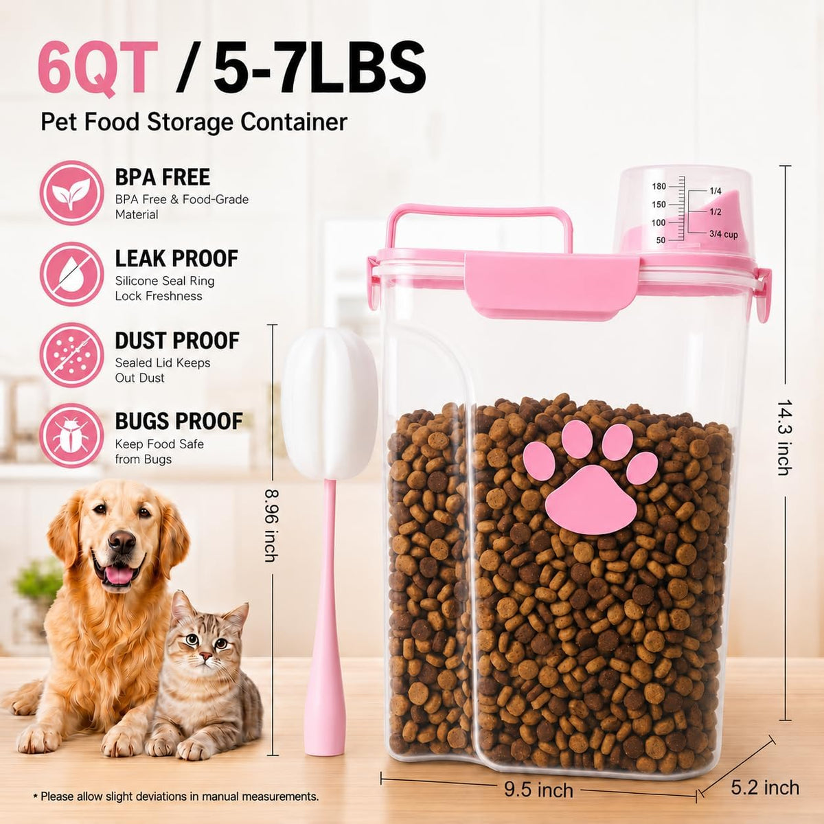 5-7Lbs Airtight Dog Cat Food Storage Container with cleaning brush,Measuring Cup,4 Snap Seals,Portable Pet Food Containers with Upgraded Large Nozzle for Dogs,Cats,Birds,Small Animals(Large-Pink)