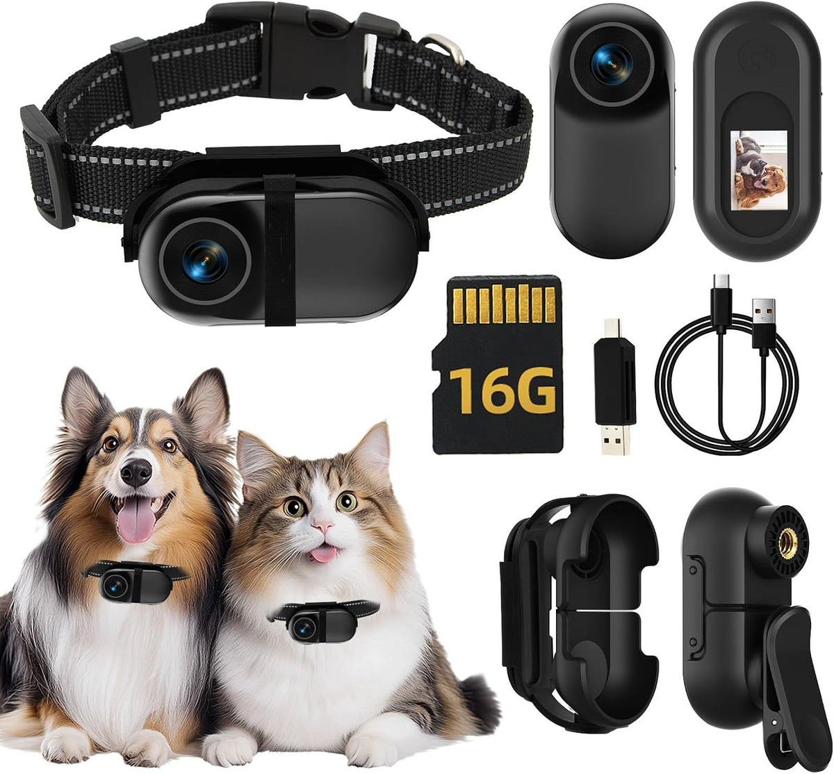Cat Camera Collar, with 16G SD Card, 1080P HD Wireless Mini Sport Cam with Video Recording Reflective Cat Collar, Small Action Camera for Pet Supplies, Indoor/Outdoor Body Cam for Cats, Matte Black