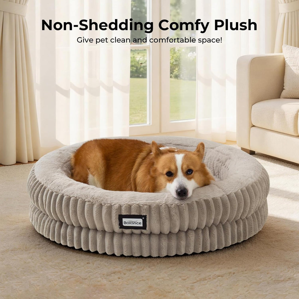 BALANCE Donut Dog Bed, 30 Inches Round Dog Bed Medium Size Dogs Washable, Orthopedic Calming Dogs Beds for Kitten, Fluffy Plush Faux Fur Pet Bed with Anti-Slip Bottom