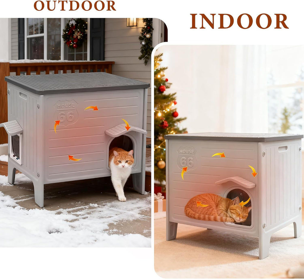 Insulated Cat House Outdoor, Large Plastic Cat Shelter Outside for Winter