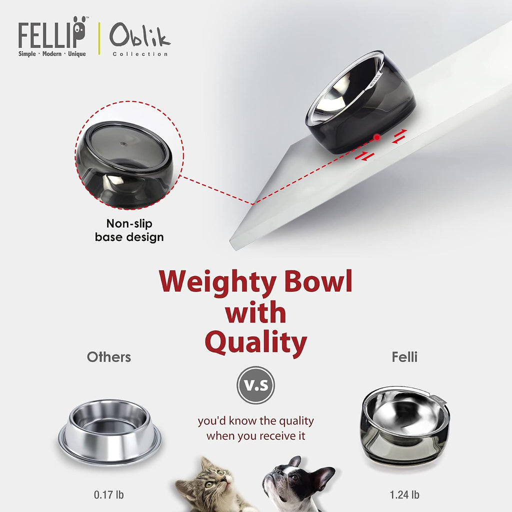 Felli Pet Oblik Acrylic Raised Dog Food Water Bowl Stainless Steel Slanted Oval Dish for Short Leg Puppy & Small Medium Pet, Elevated Tilted Metal Feeder (Smoky, 1.5 Cups Oval Dish) 