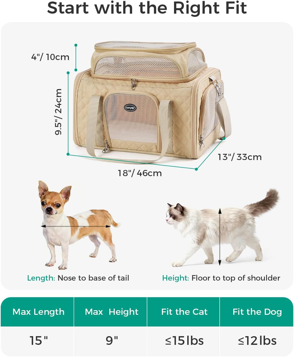 Pet Carrier Airline Approved 18x13x9.5 in, Soft-Sided Top-Expandable, Brown