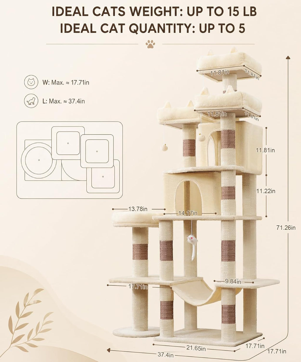 Cat Tower, 71 Inch Heavy Duty Cat Tree for Large Cats