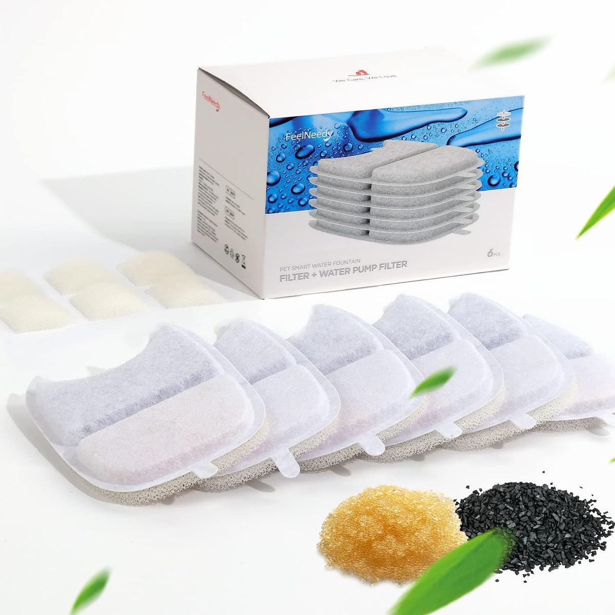 FEELNEEDY 6 Pack Cat Water Fountain Filter & 6 Pack Pump Sponges Replacement, Filter for 135 fl oz/4L Cat Water Fountain (YPD-C004P, YPD-C004S)