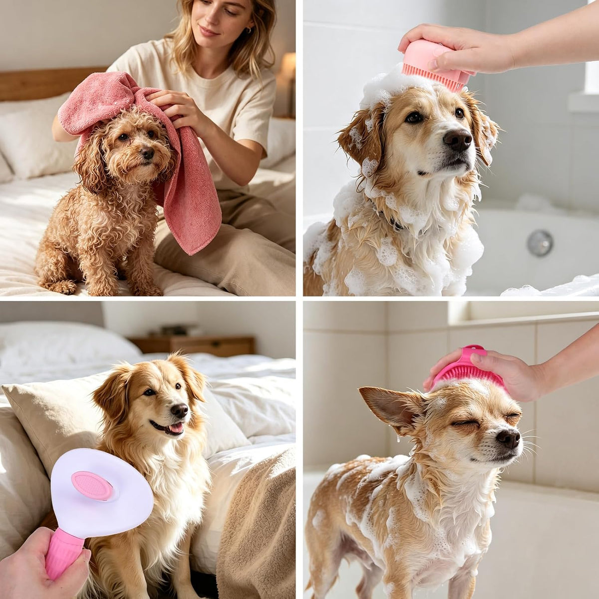 PAWCHIE Bath Grooming Kit for Pets, 9 PCS Hair Brush Set with Towel,Washing Gloves,Bath Brush and Adjustable Handle Shampoo Brush & Scrubber for Short Long Haired Dogs and Cats,Dog Bath Supplies, Pink