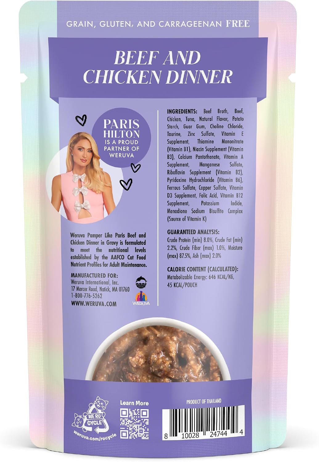 Weruva Paris Hilton Pamper Like Paris Wet Cat Food, Beef and Chicken in Gravy, 2.47oz Pouch, Pack of 12