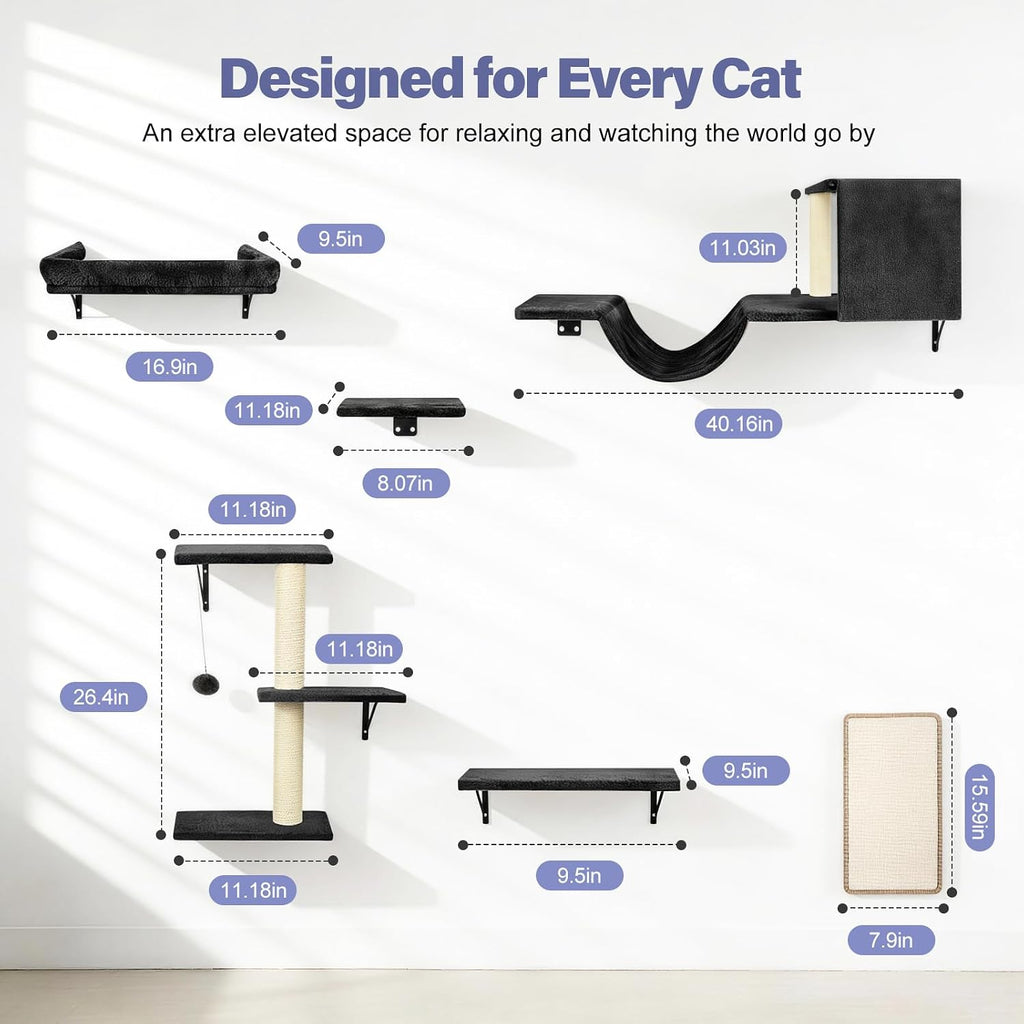 Cat Wall Shelves, Black, 6 in 1 Cat Furniture Set