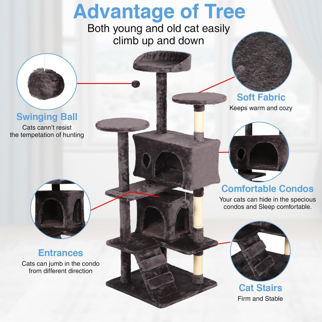 FDW | 54" Cat Tree Tower | Purple Gray | Multi-Level Indoor Activity Center with Sisal Scratching Posts, Condos, Plush Perches, Hanging Cat Toys | Sturdy, Easy to Assemble | for Kittens & Adult Cats