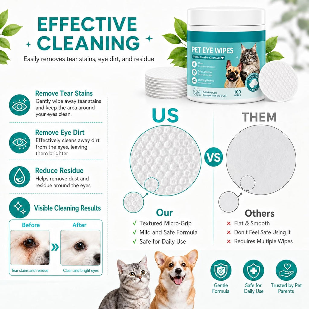 2Pcs Pets Eye Wipes,Eye Defense Wipes,Tear Stain Remover for Pet,Gentle Textured Eyes Area Wipes with Aloe Vera and Chamomile for Eye Dirt,Daily Cleaning Wipe