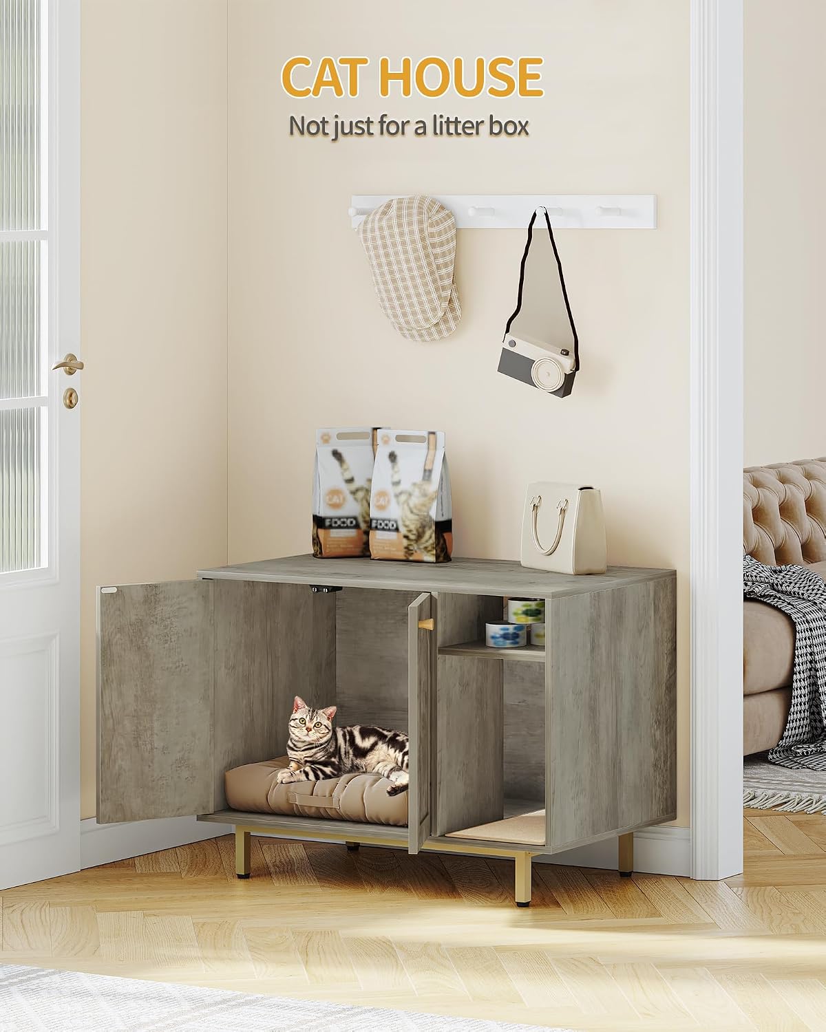 Hzuaneri Cat Litter Box Enclosure, Hidden Litter Box Furniture with Storage | Large Wooden Cabinet with Sisal Mat, Modern Cat Washroom for Living Room, Bedroom, Entryway, Greige and Gold CB01505G