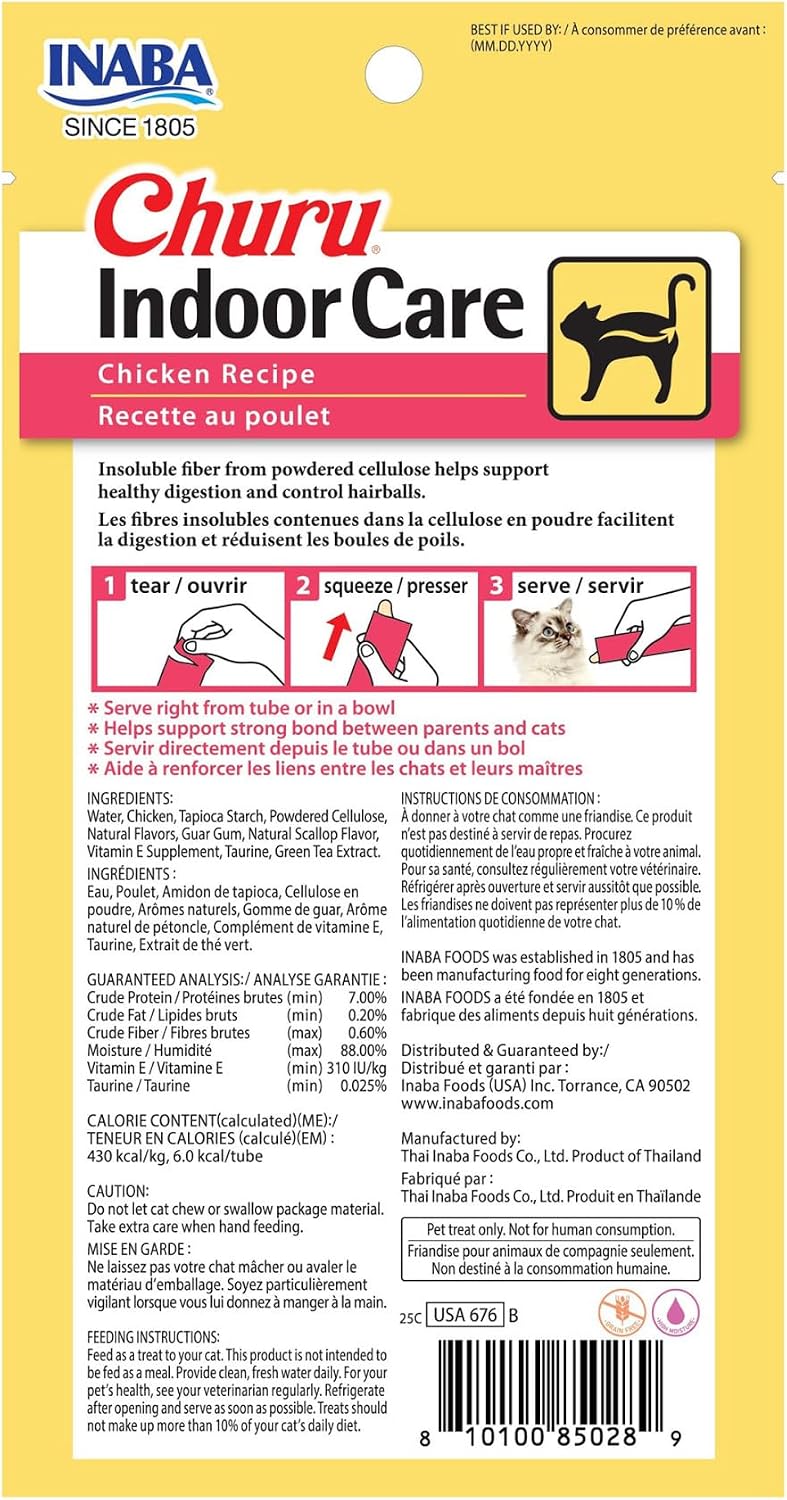 INABA Churu Indoor Care for Hairball Control, Functional Lickable Cat Treat with Taurine & Green Tea Extract, 0.5oz Each, 24 Tubes Total, Chicken Recipe