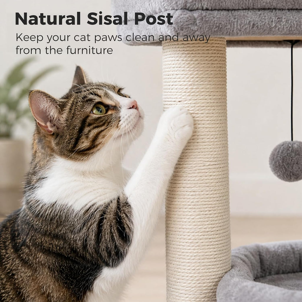 PEQULTI Small Cat Tree Tower for Indoor Cats, Sisal Post & Cozy Condo, Grey