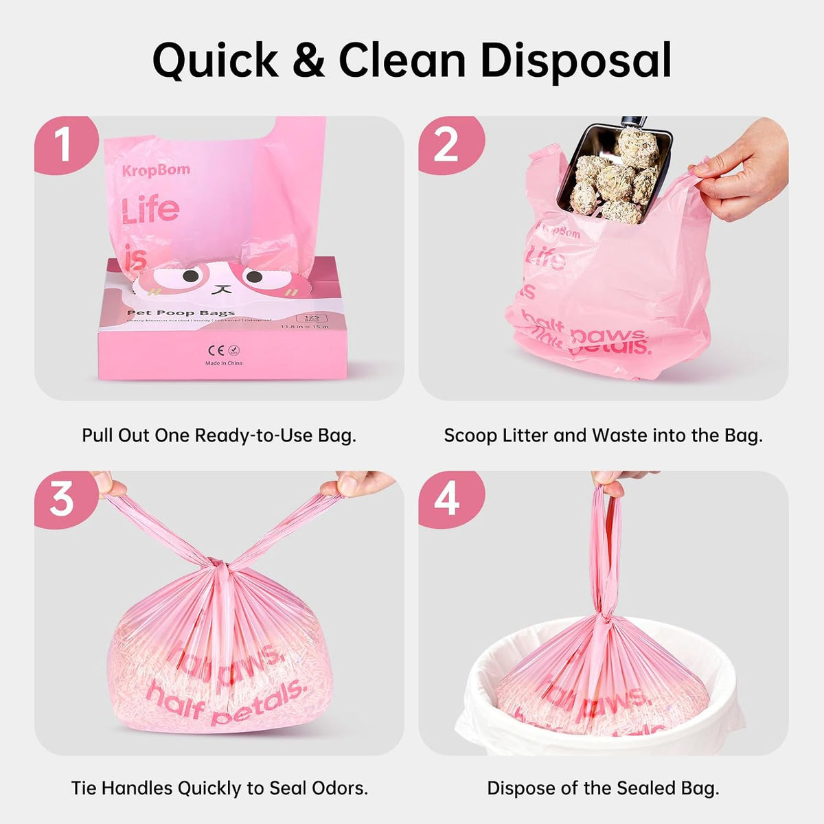 125 Count Cat Poop Bags Cherry Blossom Scented with Handles, Disposable Litter Bags for Pet Poop, Extra-Thick Dog Kitty Waste Bags Easy Tie Leak-Proof Strengthen, Pink