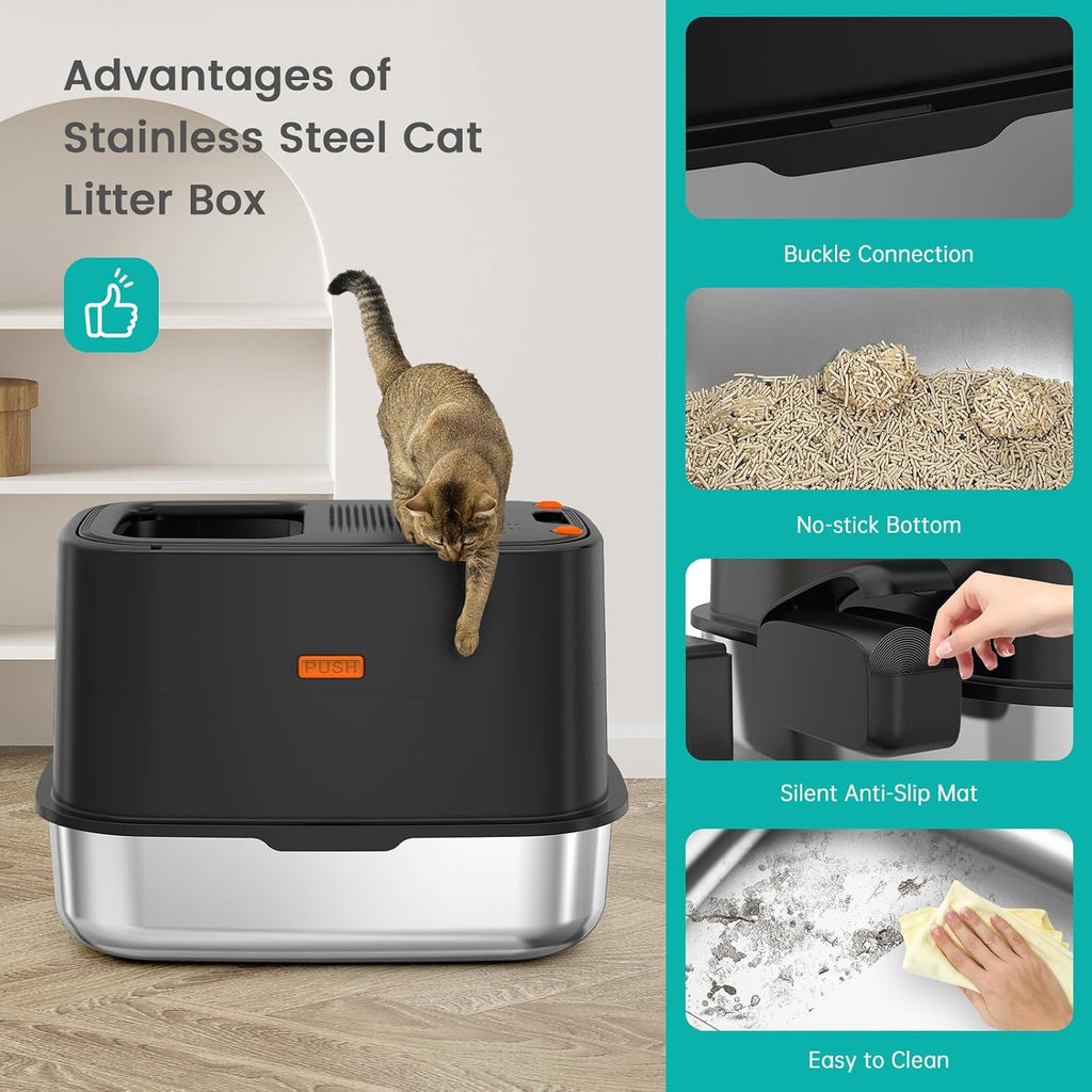 XL Stainless Steel Cat Litter Box with Lid, Top Entry, Mat & Scoop Included | XL for Big Cats, High Sides Enclosed Design, Anti-Urine Leakage, Non-Stick Odor-Free, Easy Clean, Reduce Litter Tracking